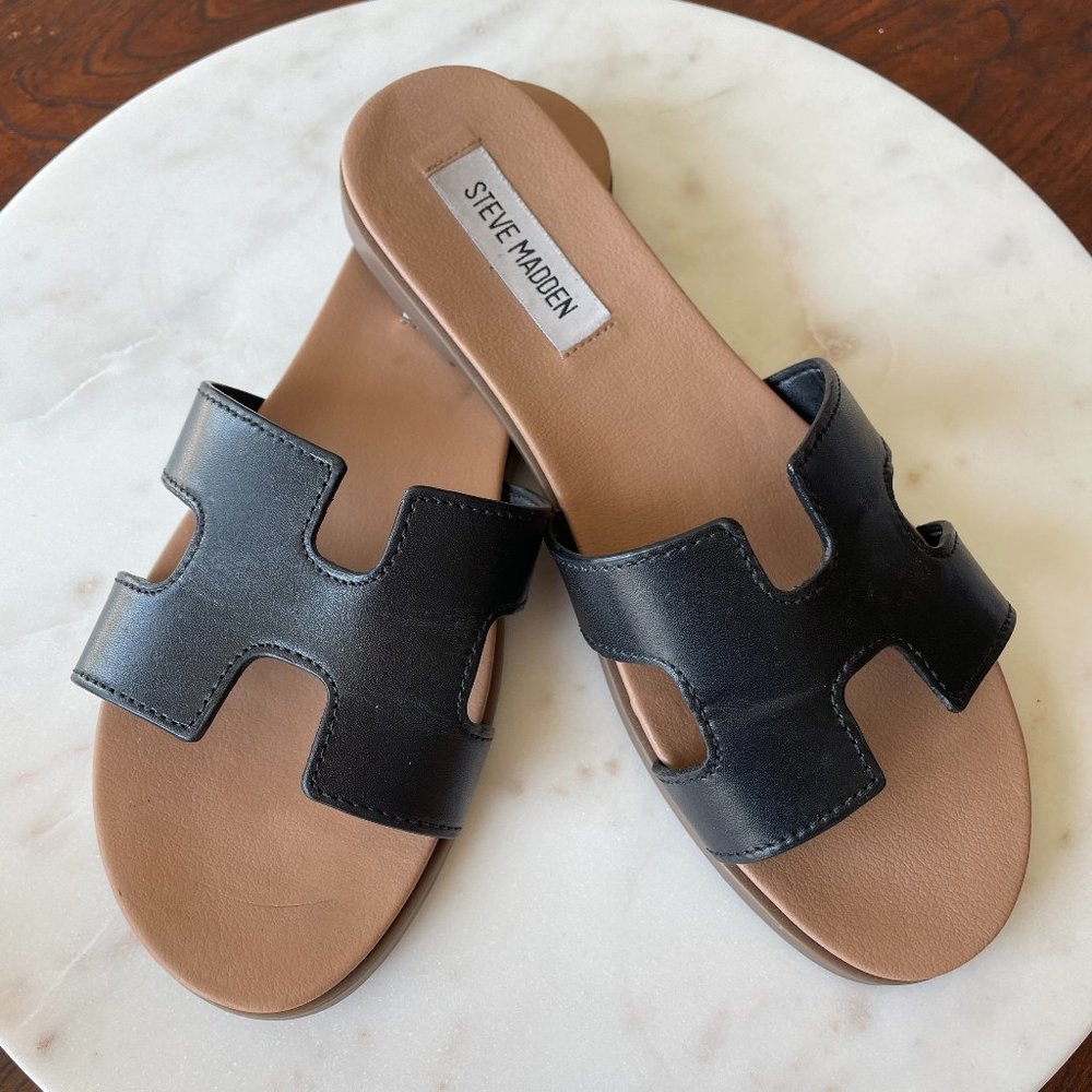 Steve Madden Black/Tan Hoku Slide Leather Sandal 8.5s